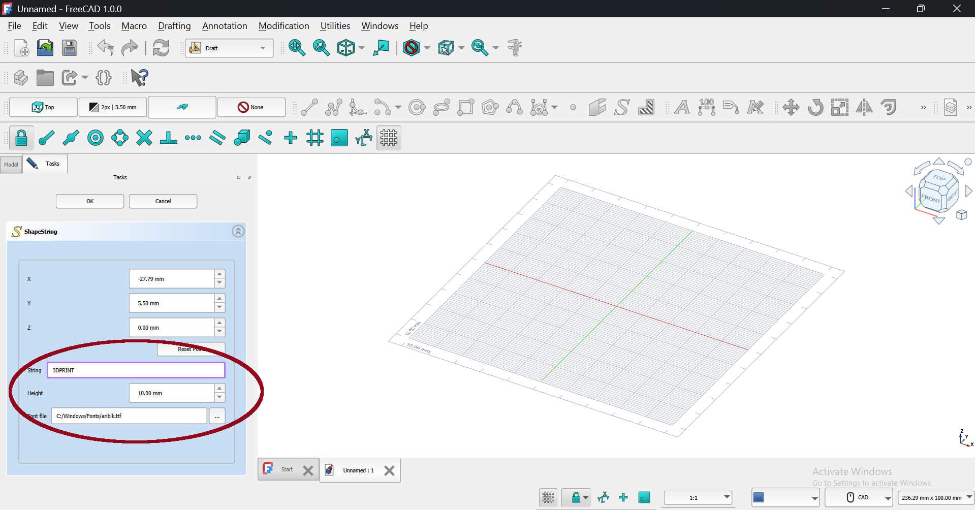 FreeCAD Shape From Text Tool Settings